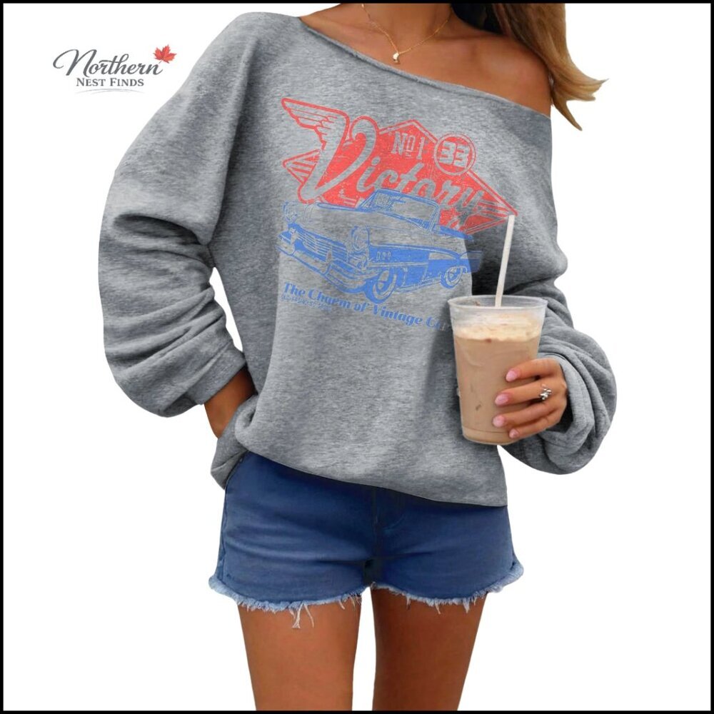 Women's Off Shoulder Graphic Sweatshirt Long Sleeve Pullover Vintage Casual